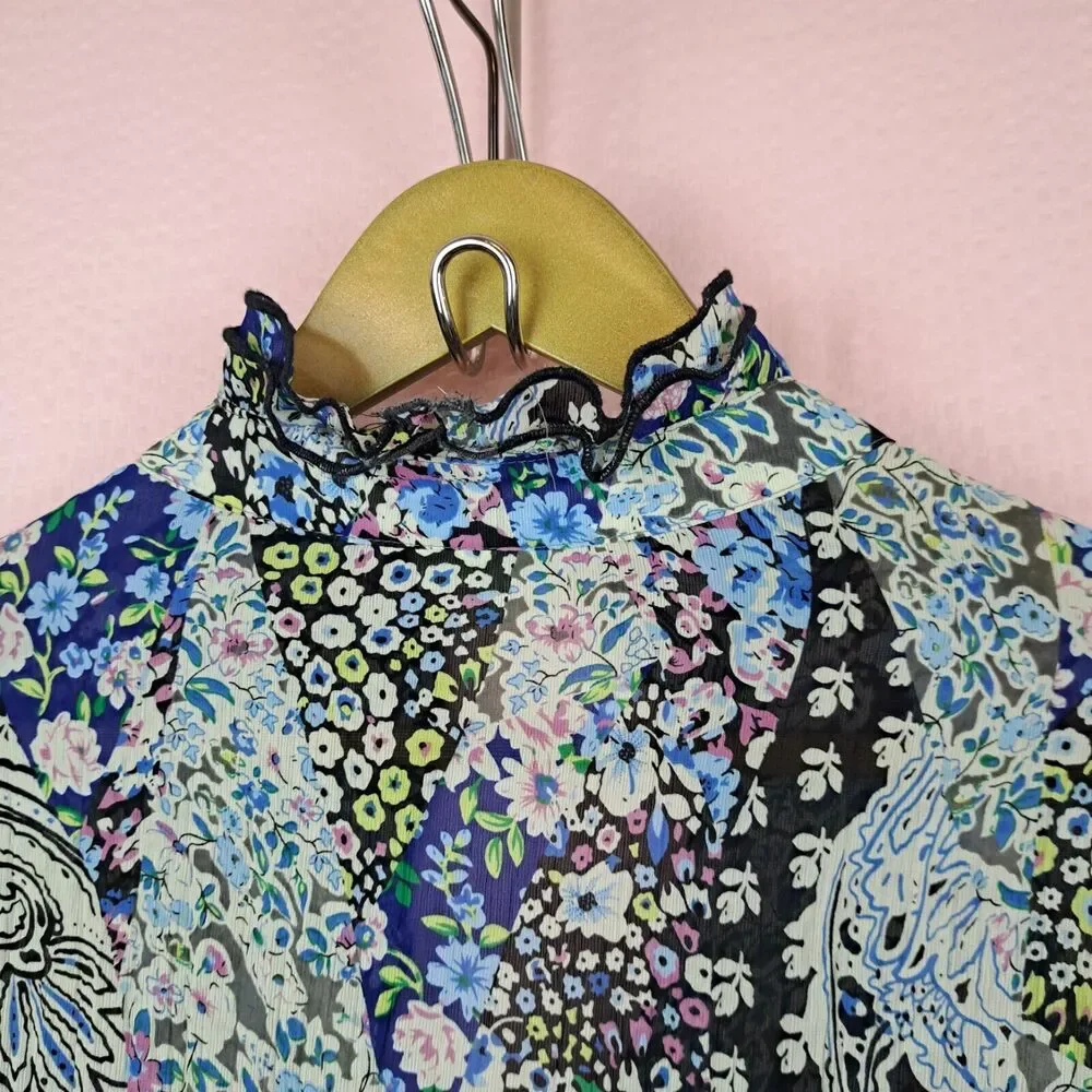 Agora Blouse Ruffle Long Sleeve Lightweight Size PL Floral Micro Print Petite
